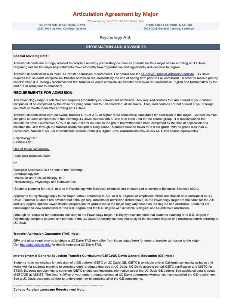 SOLANO To UCD For 20222023 by Psychology A.B. PDF University And College Admission