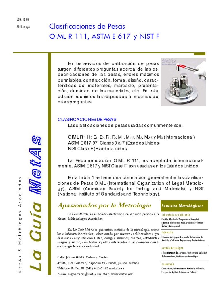 Clasificaciones y Errores de Pesas OIML | PDF | Calibración | Instituto ...