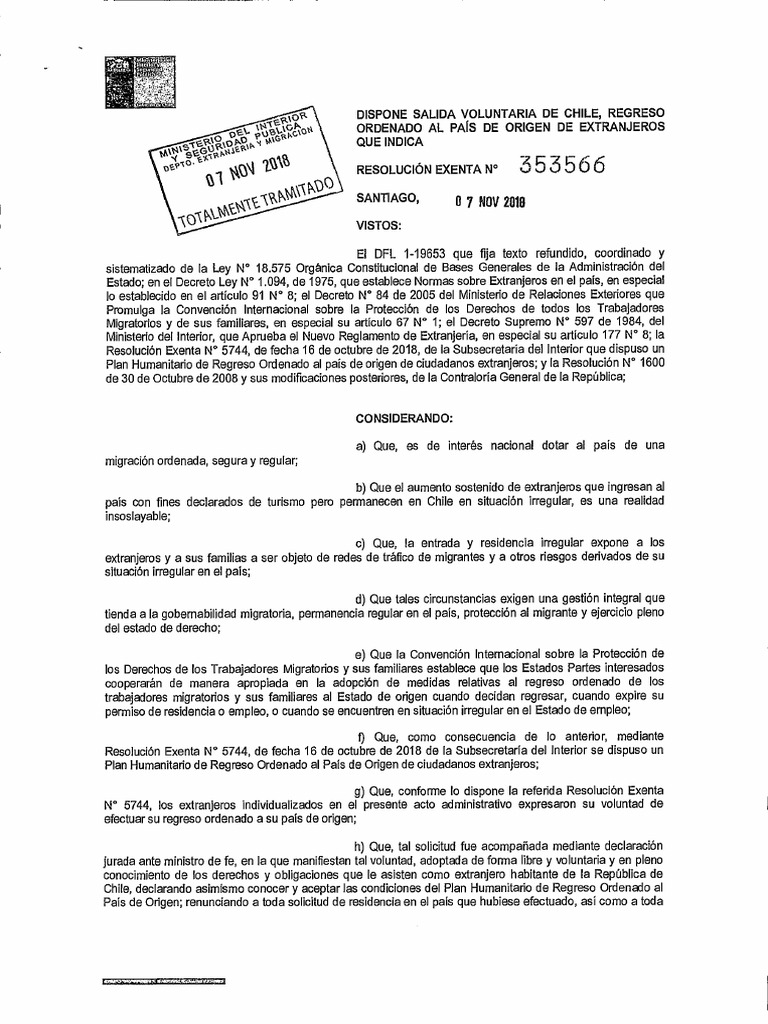 Dispone Salida Voluntaria de Chile, Regreso Ordenado Al País de Origen