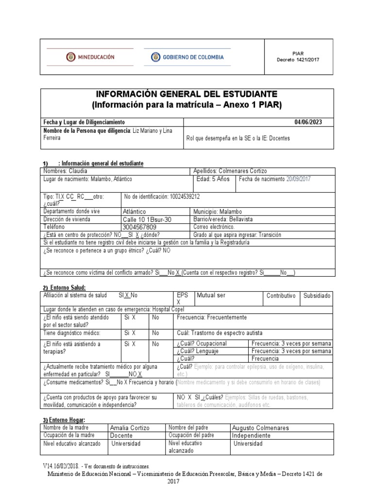 Ejemplo de PIAR para Estudiante | PDF | Educación de la primera ...