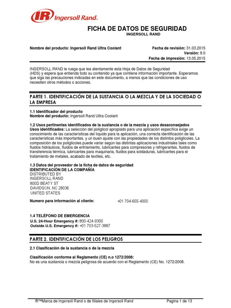 Spain Sds Ingersoll Rand Ultra Coolant PDF Agua Toxicidad