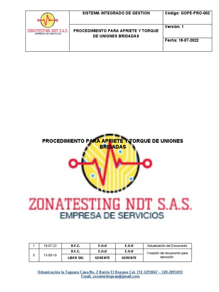 GOPE PRO 002 Proc para El Apriete y Torque de Uniones Bridadas Ver 1