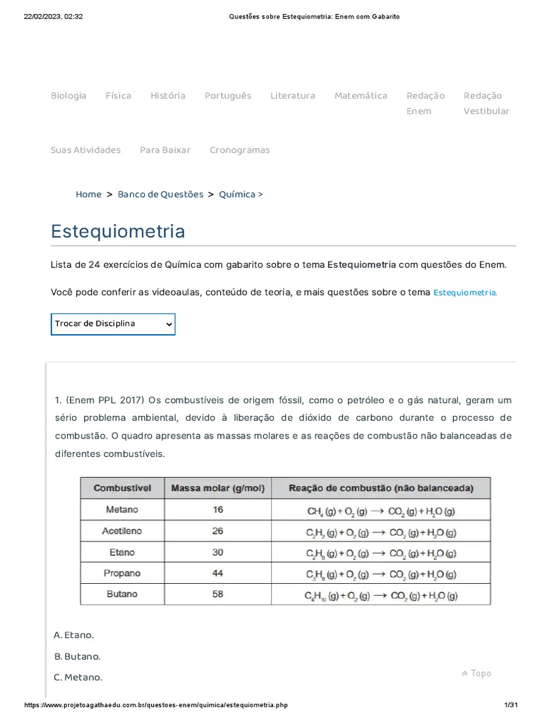 Questões sobre Estequiometria_ Enem com Gabarito | PDF | Combustão ...