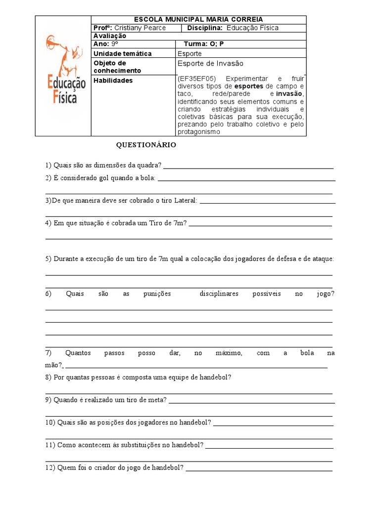Questionário de Handebol Escolar | PDF