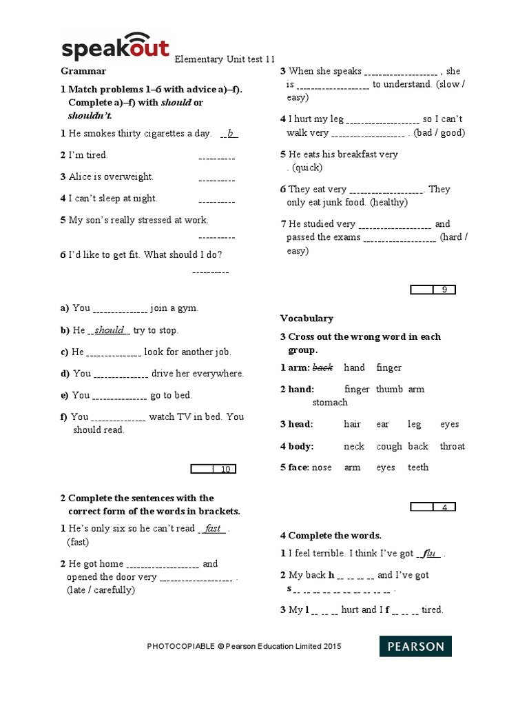 Quiz Unit 11 - Speak Out Elementary | PDF