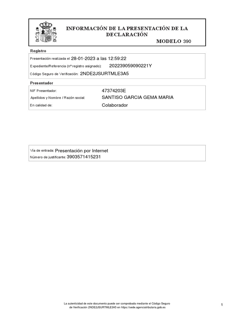 Presentación Modelo 390 IVA | PDF | Finanzas del gobierno | Justicia