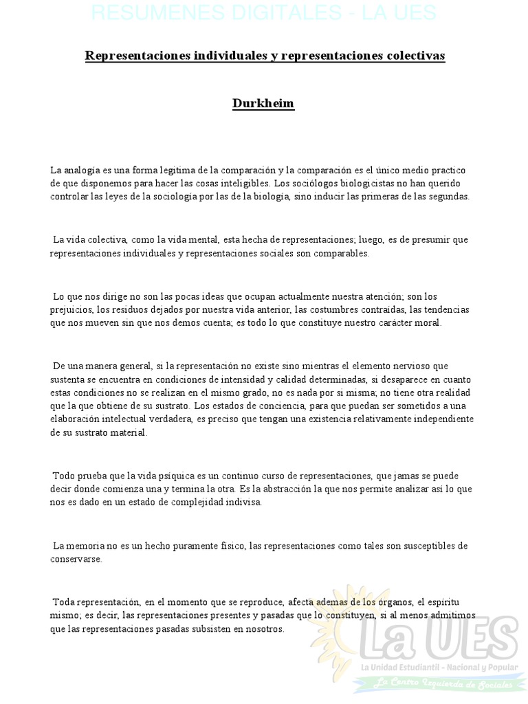 Representaciones sociales en Durkheim | PDF | Emile Durkheim | Sociología