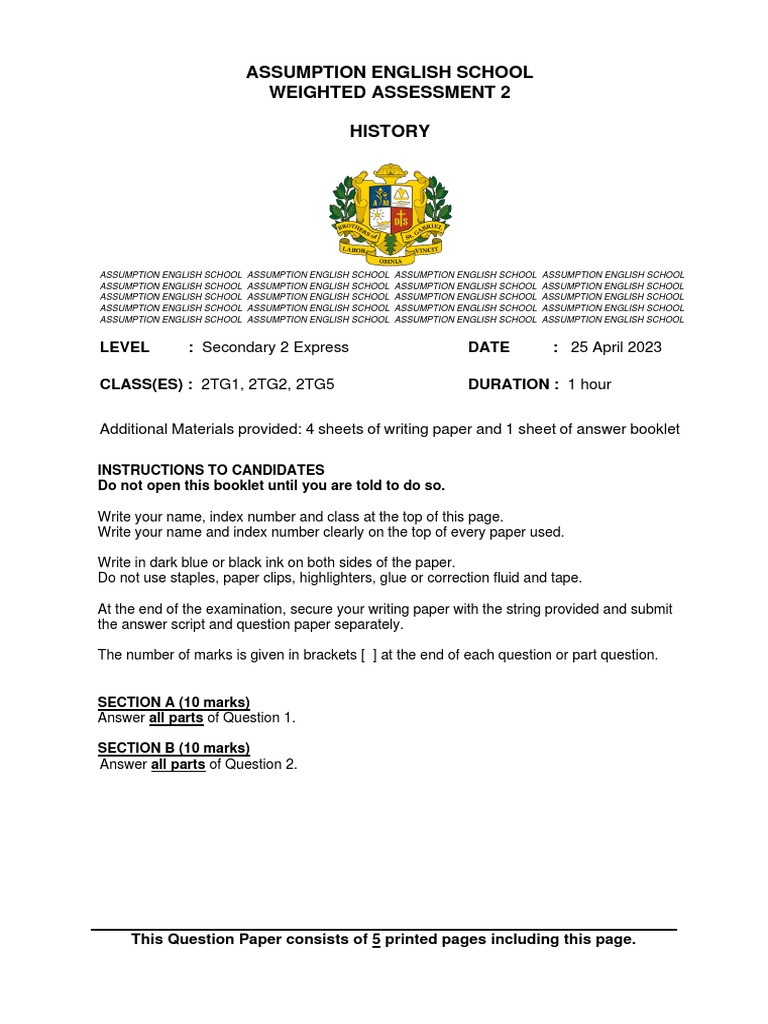 Specimen History WA2 Paper 1 PDF