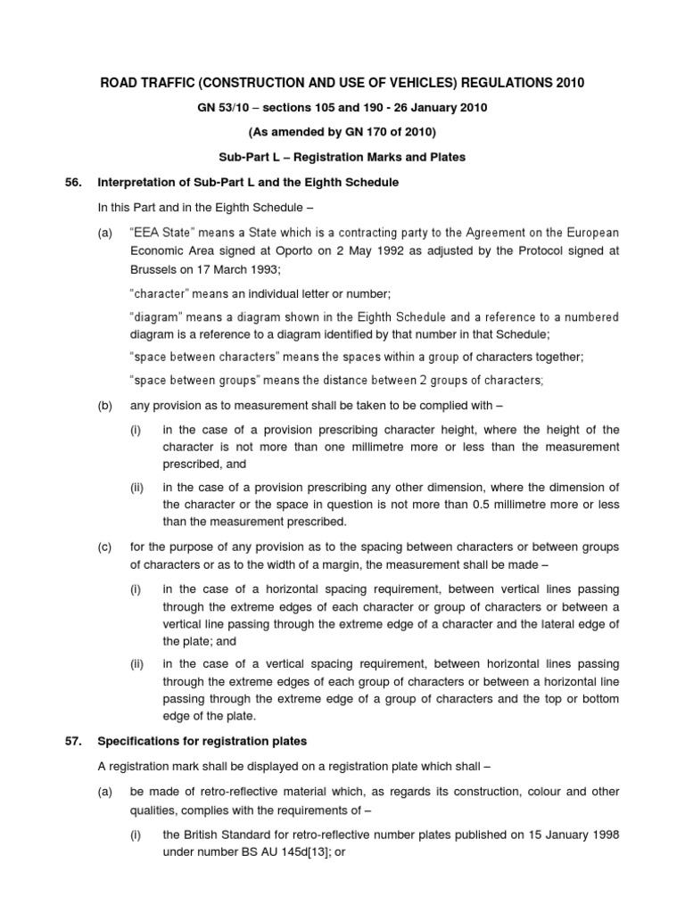 Road Traffic Act Amendments 20 Jan 2010 PDF Vehicle Registration Plate Land Transport