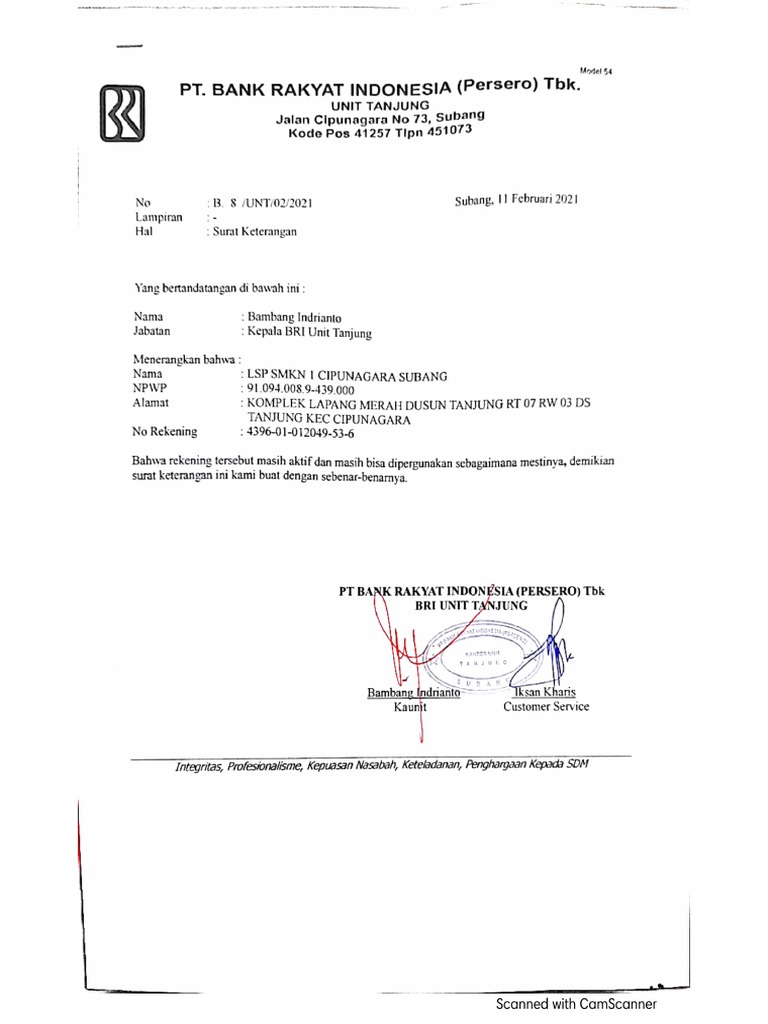 Surat Keterangan Aktif Rekening | PDF