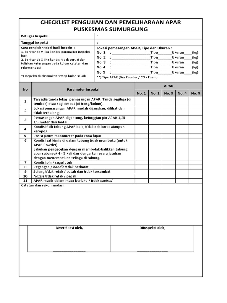 Checklist Pemeliharaan dan Pengujian APAR | PDF | Teknologi & Rekayasa