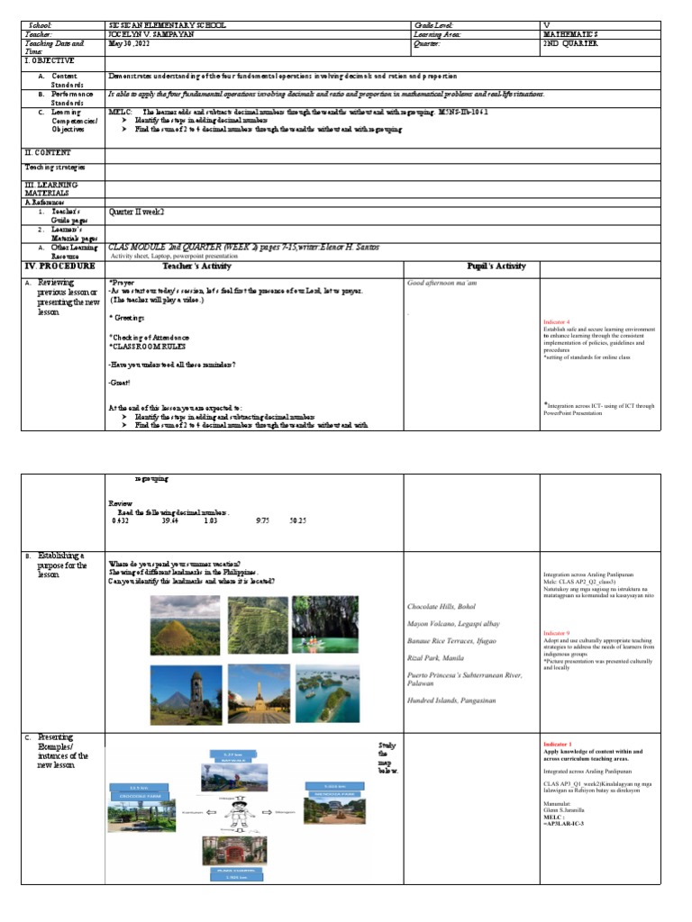 Detailed lesson plan in math 5 demonstrates understanding of the four