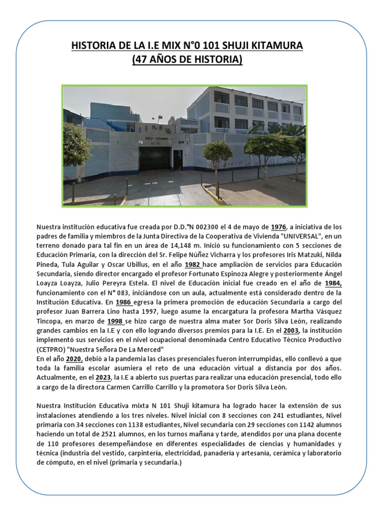 Historia del Colegio 101 Shuji Kitamura | PDF | Educación Secundaria