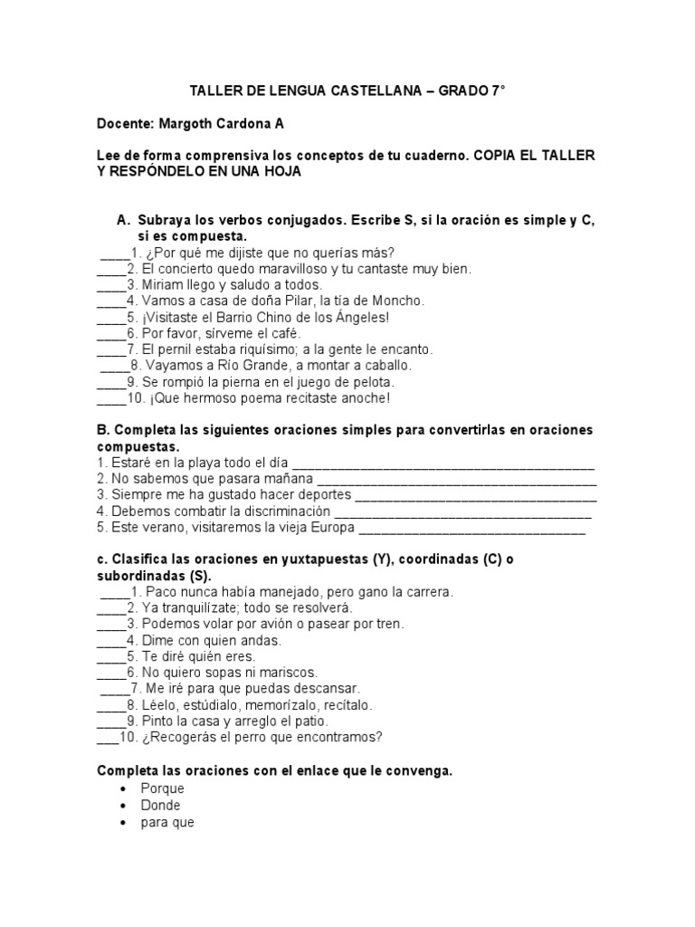 Ejercicios de Oraciones Simples y Compuestas | PDF | Hogar, jardinería ...
