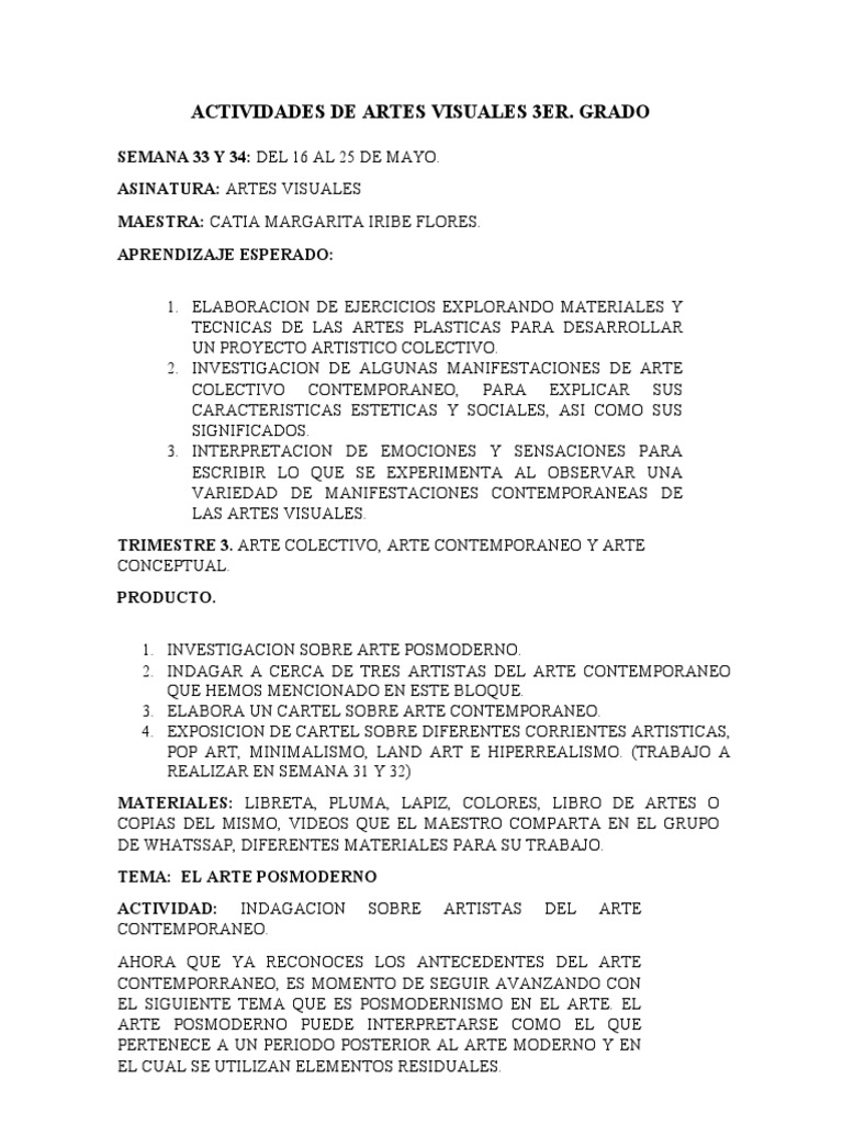 Actividades Artes v. Semana Semana 33 y 34 Tercer Grado | PDF ...