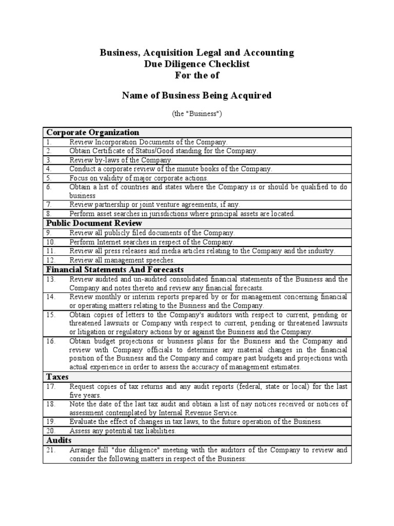 due-diligence-checklist-business-purchase-pdf-audit-financial