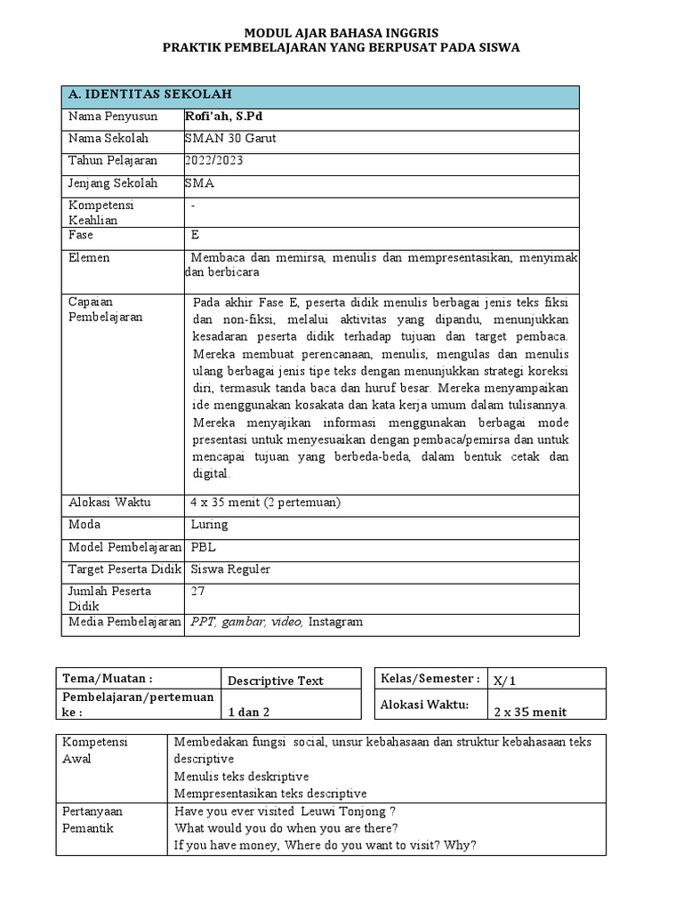 Modul Descriptive Text Kelas 10 | PDF