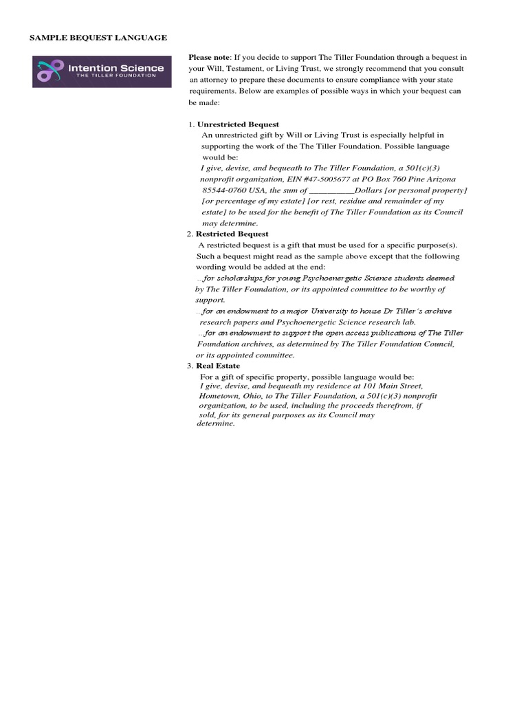 SSE Sample Bequest Language PDF Will And Testament Private Law