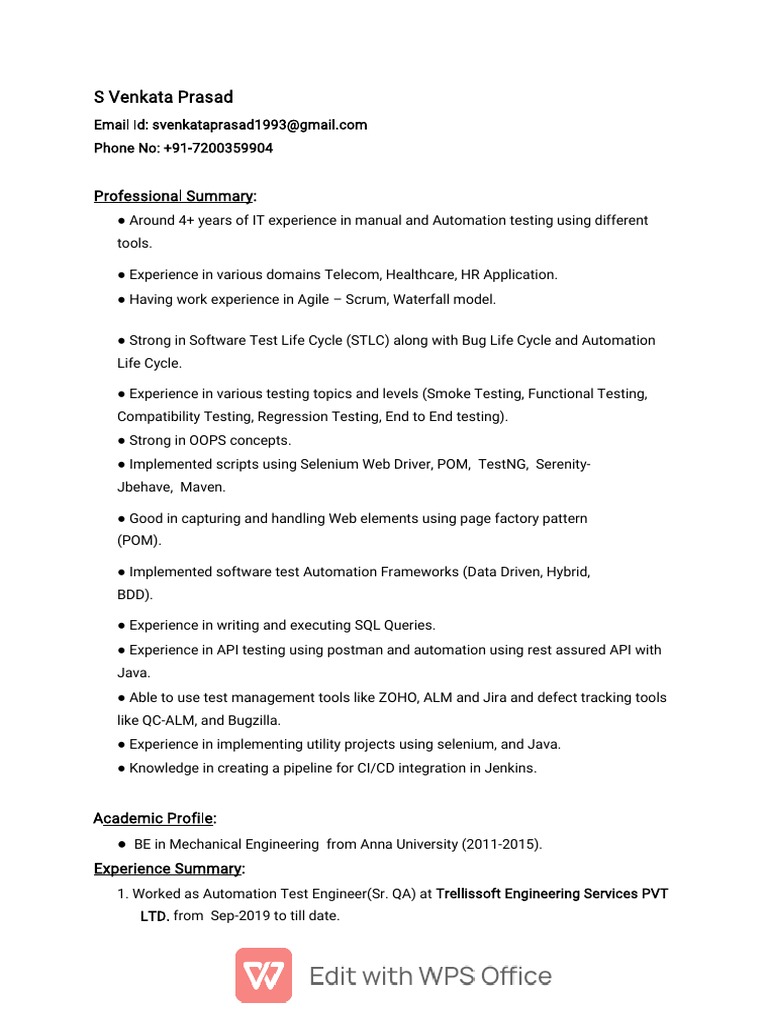 QA Automation Engineer Profile | PDF | Software Testing | Selenium ...