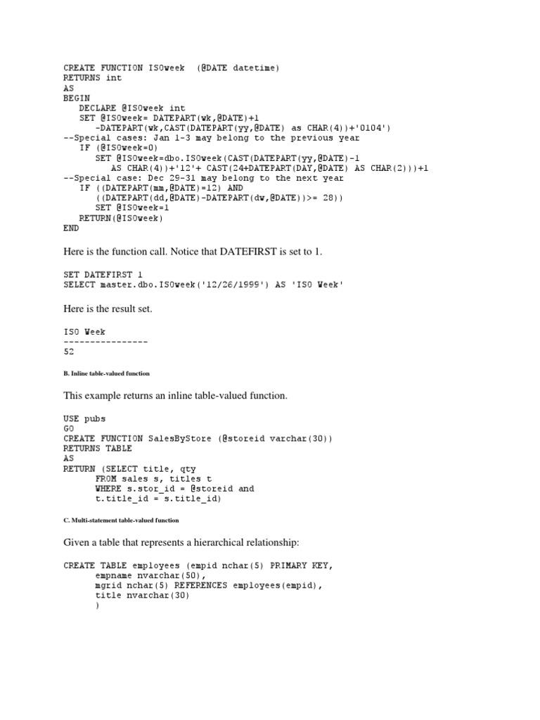 Here Is The Function Call. Notice That DATEFIRST Is Set To 1 PDF