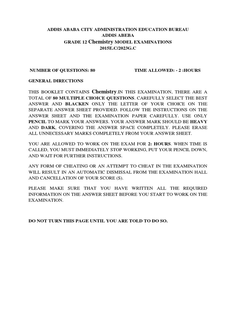 Grade 12 Chemistry Model Exam 2023 | PDF | Chemical Bond | Chemical ...
