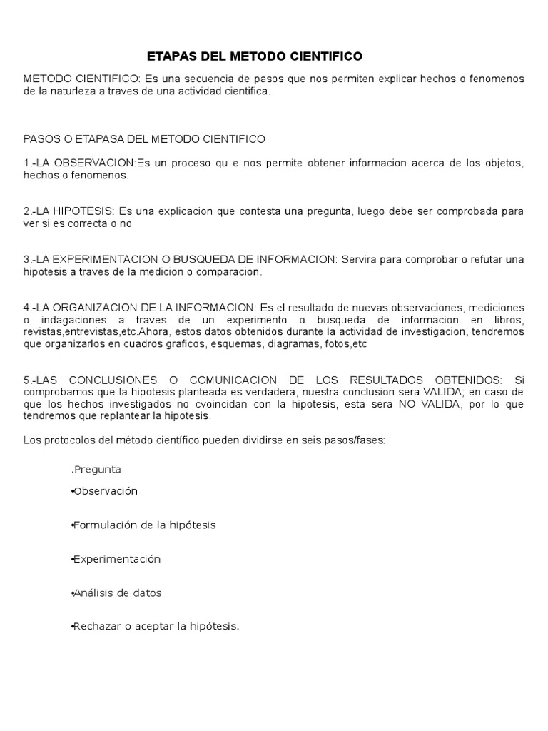 Etapas del Método Científico | PDF | Experimentar | Hipótesis