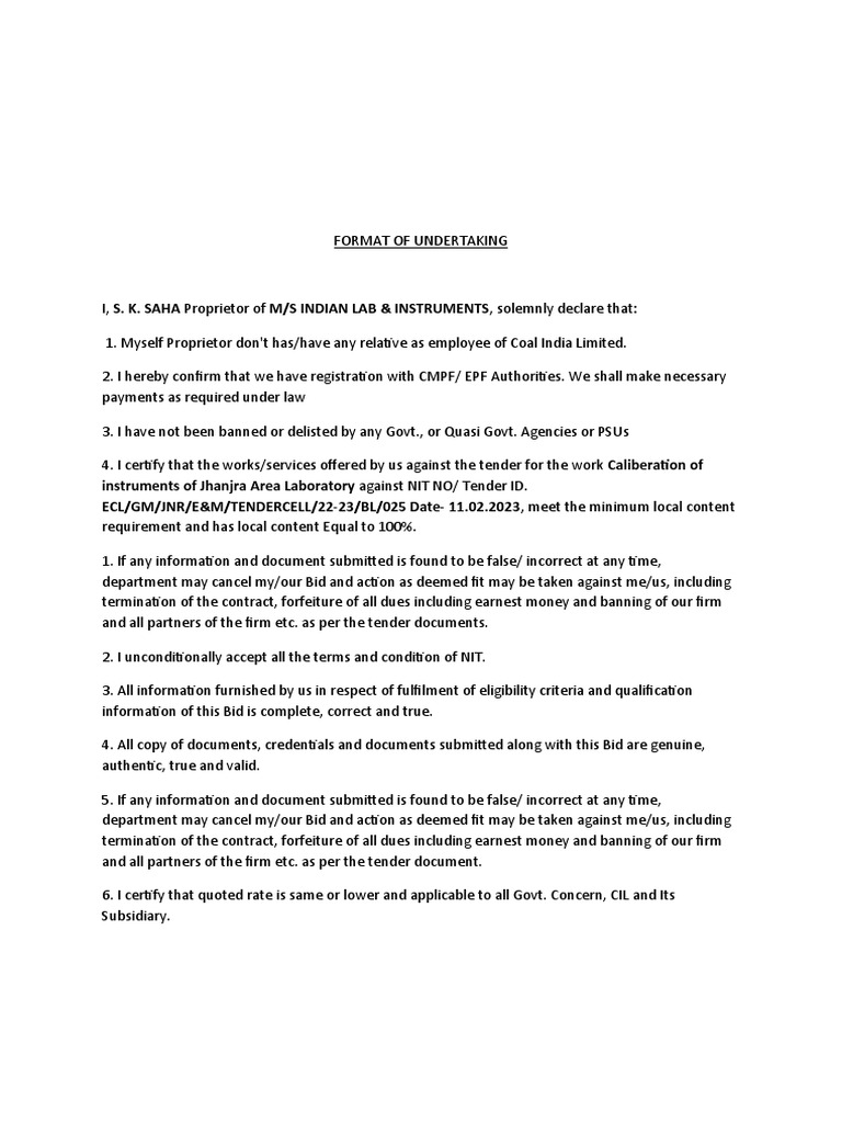 Format of undertaking pdf
