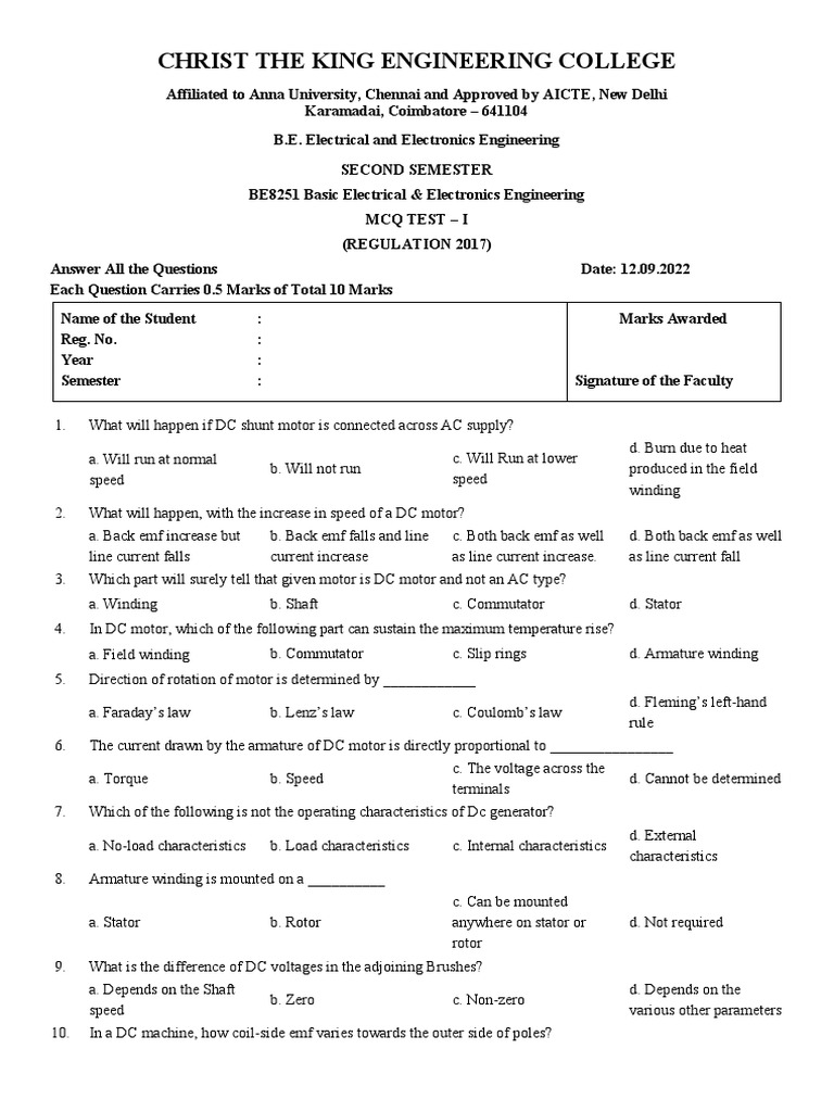 MCQ Be8251 Unit 2 PDF Electric Motor Electrical Engineering
