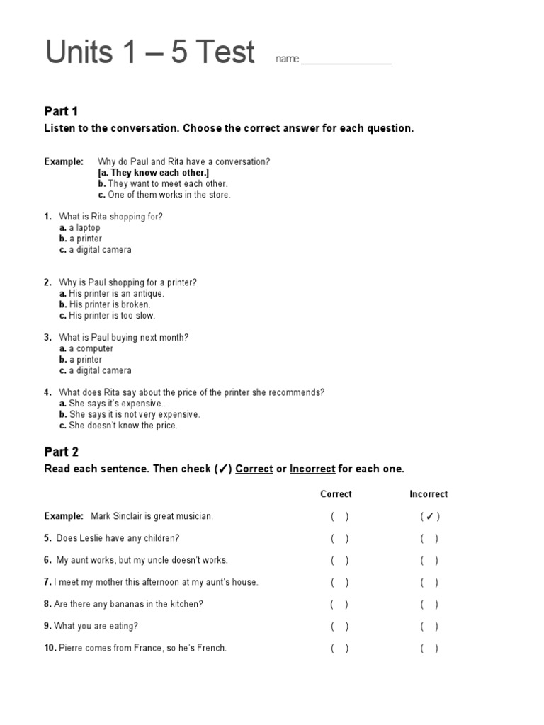 Top Notch 1 Units 1-5 Test | PDF | Food And Drink | Cuisine