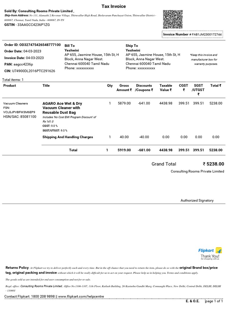 Tax Invoice for Vacuum Cleaner Purchase | PDF