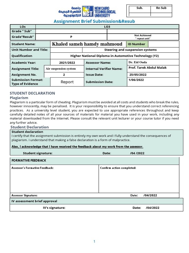 Assignment 2 Steering and suspension systems PDF Airbag Applied
