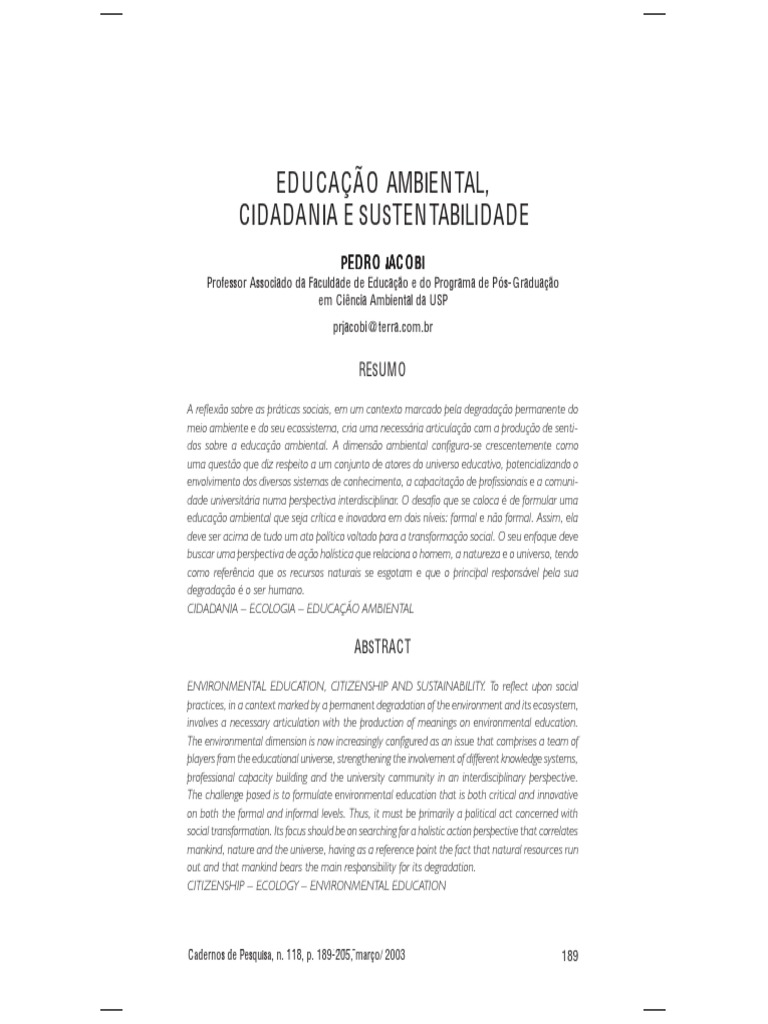 Educacao Ambiental, Cidadania e Sustentabilidade | PDF