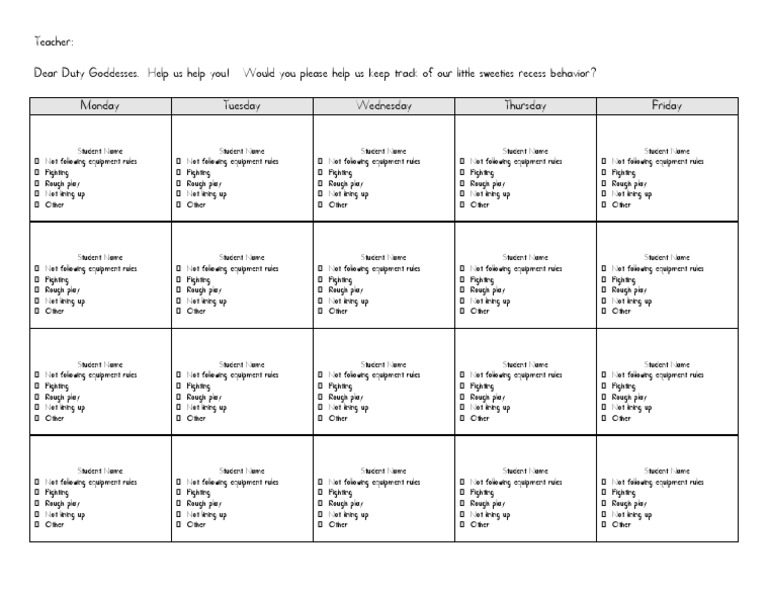 Recess Behavior Tracking Template | PDF | Self-Improvement
