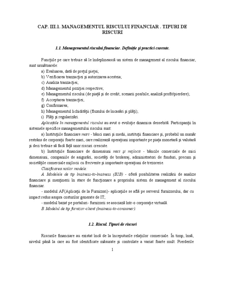 Managementul Riscului Finanaciar - Tipuri de Riscuri | PDF