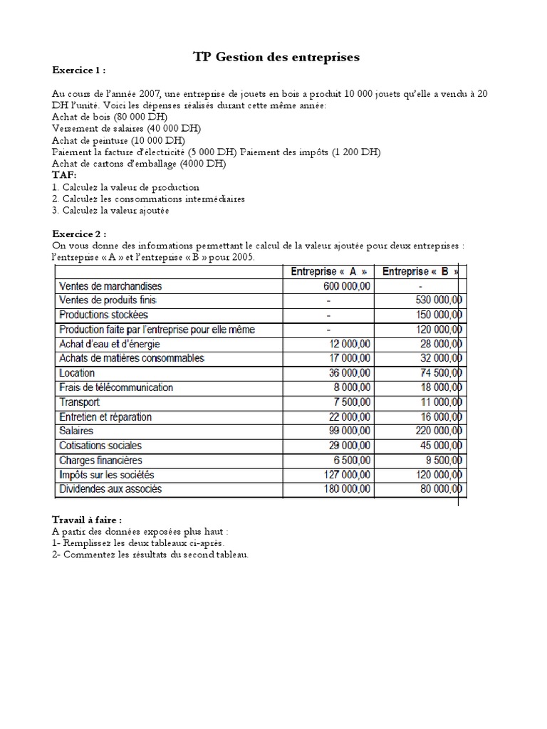 TP Gestion des entreprises et exercices | PDF