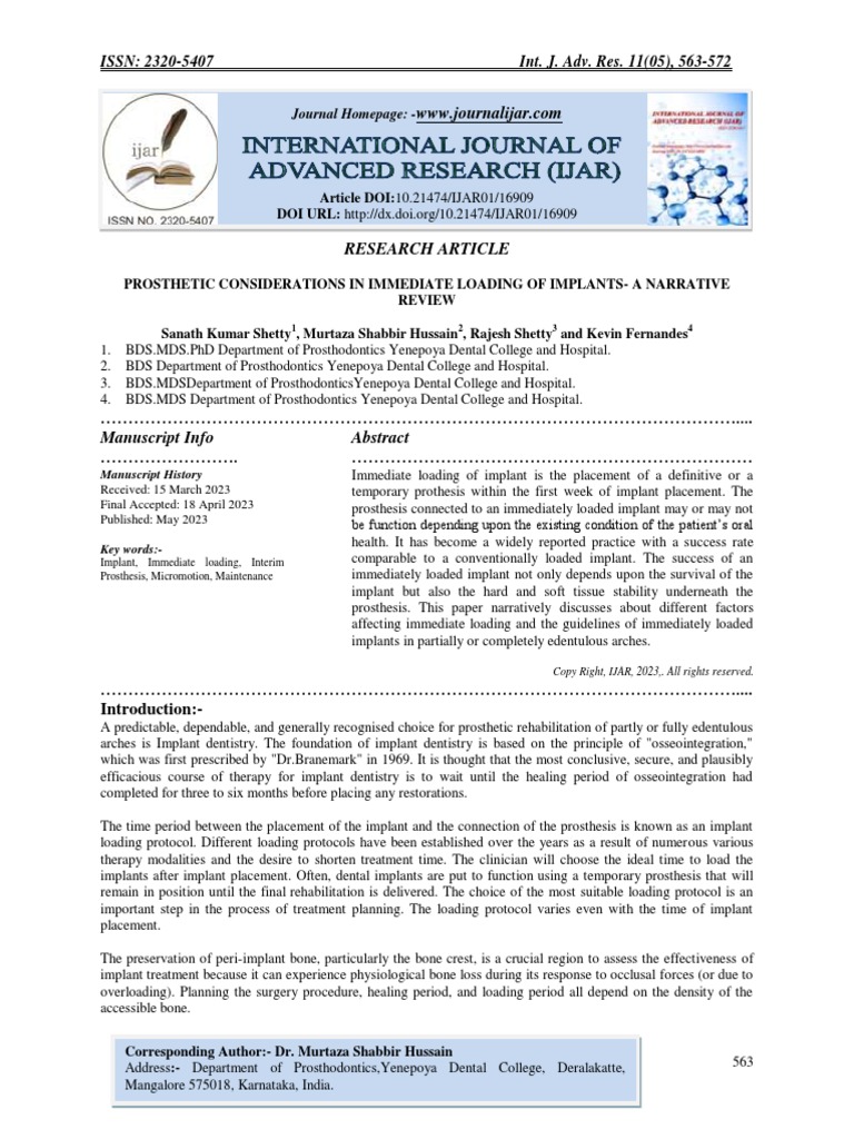 Prosthetic Considerations in Immediate Loading of Implants A