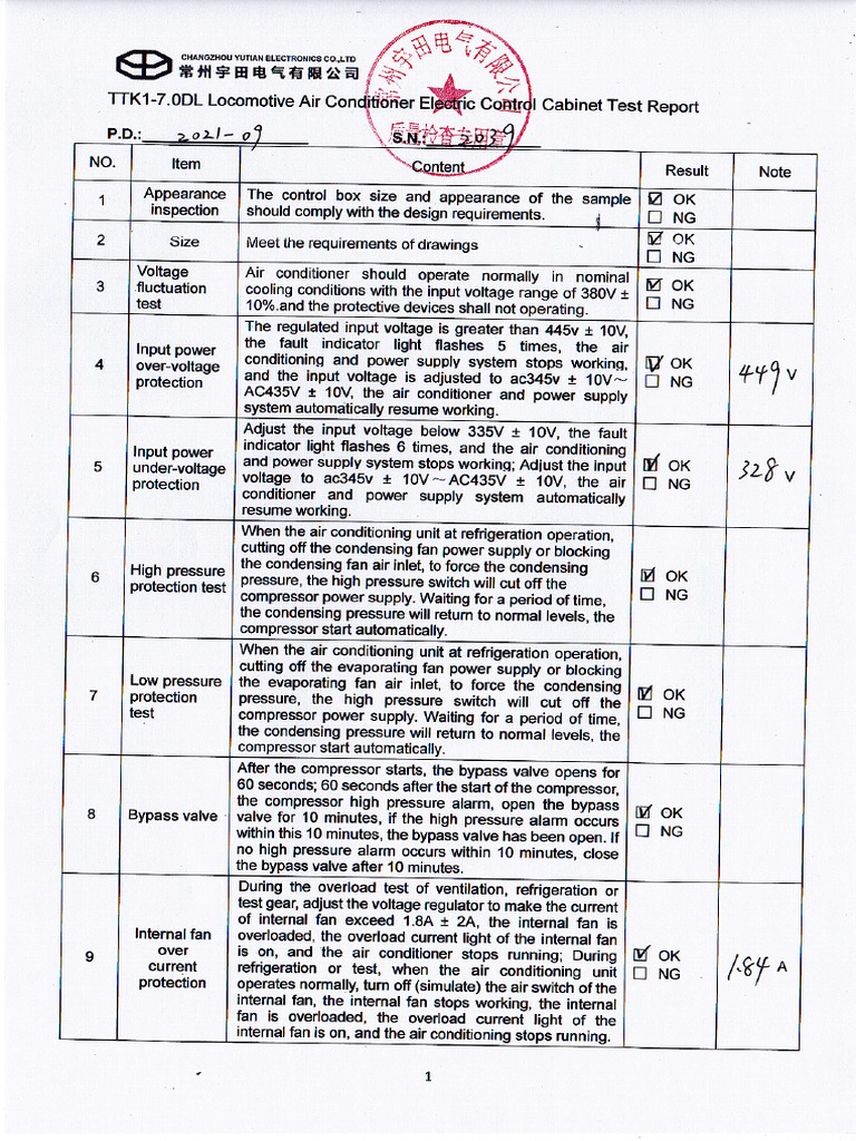Air Conditioner Electric Control Cabinet Test Report | PDF