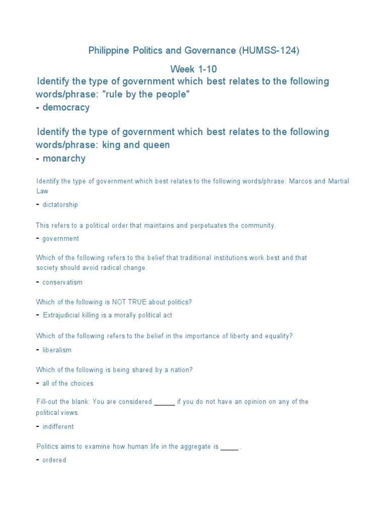 Philippine Politics and Governance HUMSS 124 Week 1 10 | PDF ...