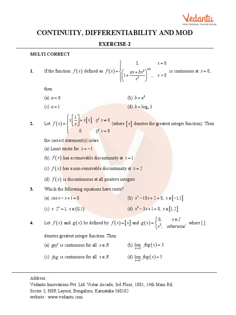 Continuity and Differentiability Exercises | PDF