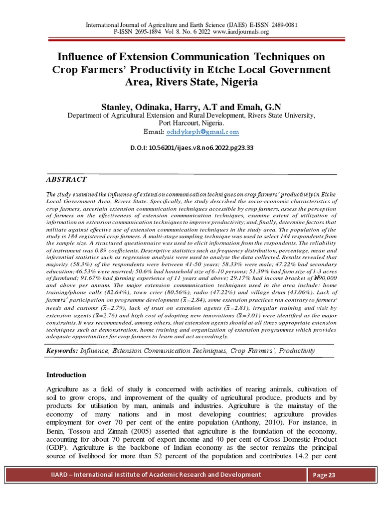 Influence of Extension Communication PDF Agriculture Gross