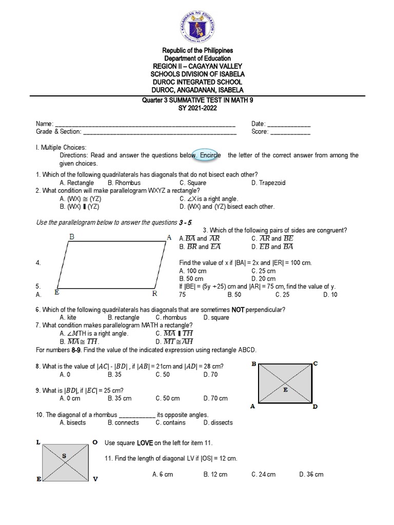 Math 9 Quarter 3 Summative Test | PDF