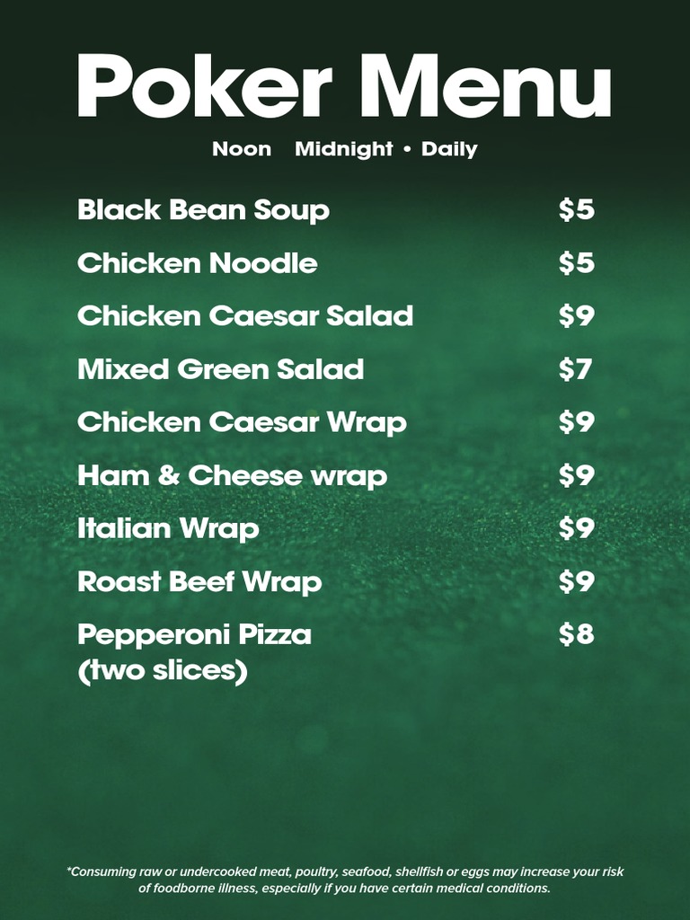 Daily Poker Room Food Menu | PDF