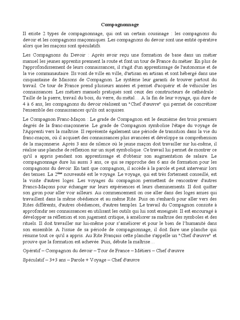 Compagnonnage : Devoir et Franc-Maçonnerie | PDF | Franc-maçonnerie