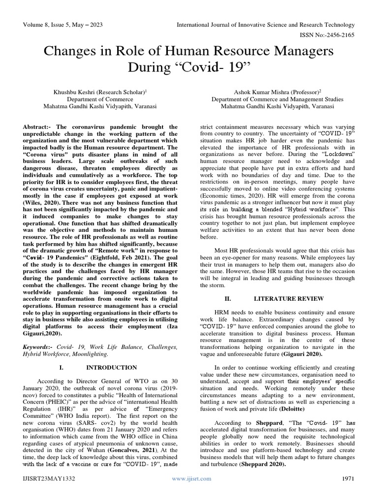 Changes in Role of Human Resource Managers During "Covid - 19" | PDF ...