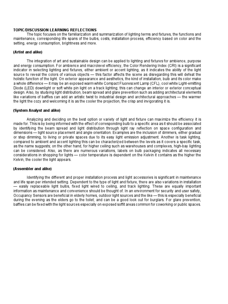 Lighitng Terms & Fixtures Learning Reflection Paper PDF Lighting