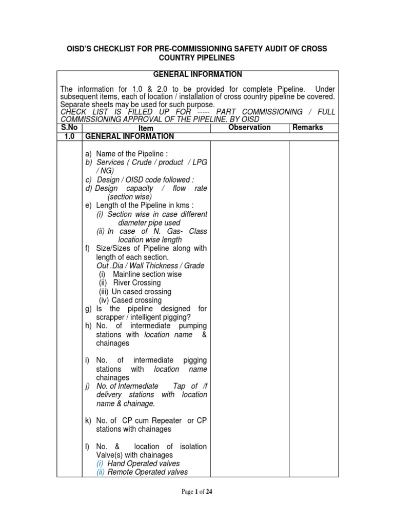 OISD S CHECKLIST FOR SAFETY AUDIT OF CROSS COUNTRY