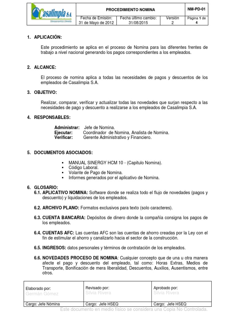 NM-PD-01 Procedimiento de Nomina | PDF | Salario | Contabilidad