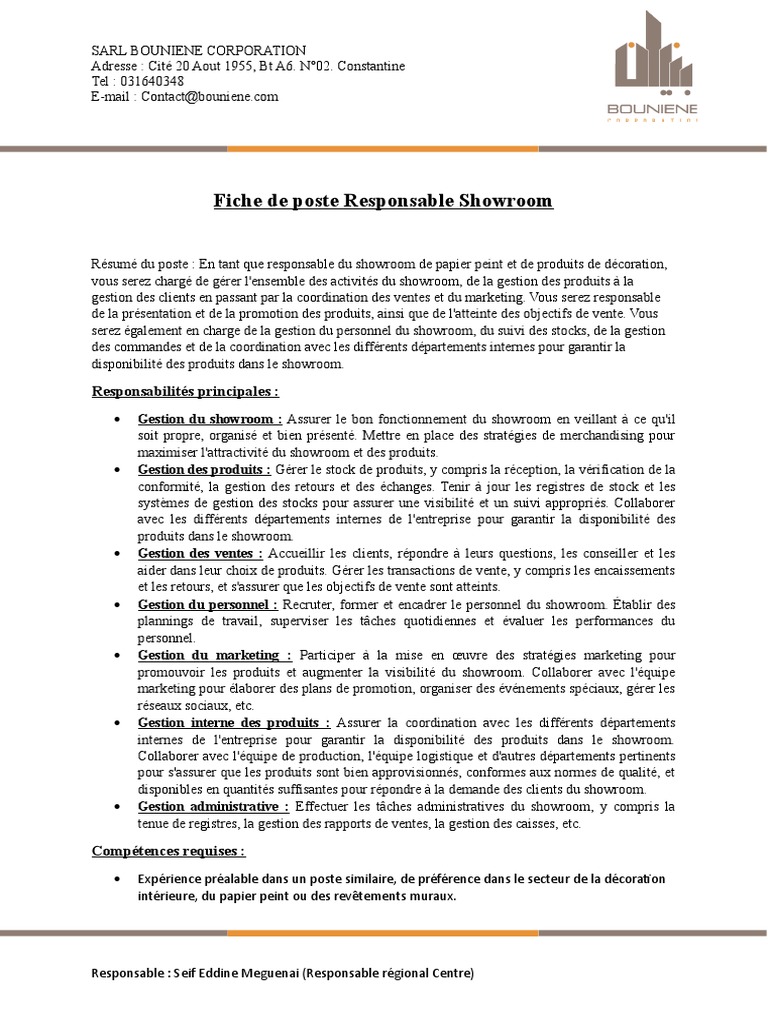 Fiche de Poste Responsable Showroom | PDF | Sodles | Commercialisation