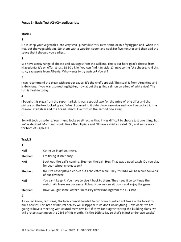 Focus 1 - Basic Test A2-A2+ Audioscripts | PDF | Sausage | Foods