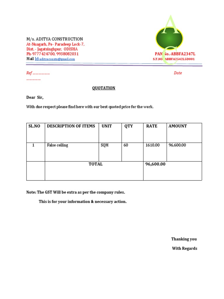 Aditya Construction Quotation for False Ceiling | PDF